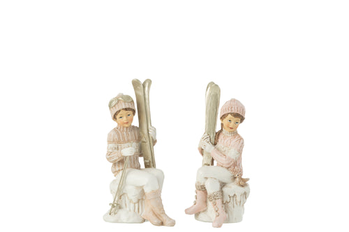 J-Line Kerstfiguren meisje & jongen - ski zittend - polyresin - wit roze - 2 stuks - vtwonen shop