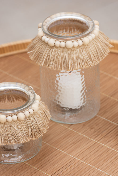 J-Line windlicht Kralen - glas - transparant - large