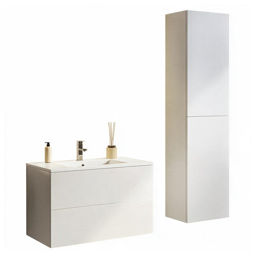 LOMAZOO badmeubelset Nuvano - met hoge kast & witte wastafel - glanzend wit - 80 cm