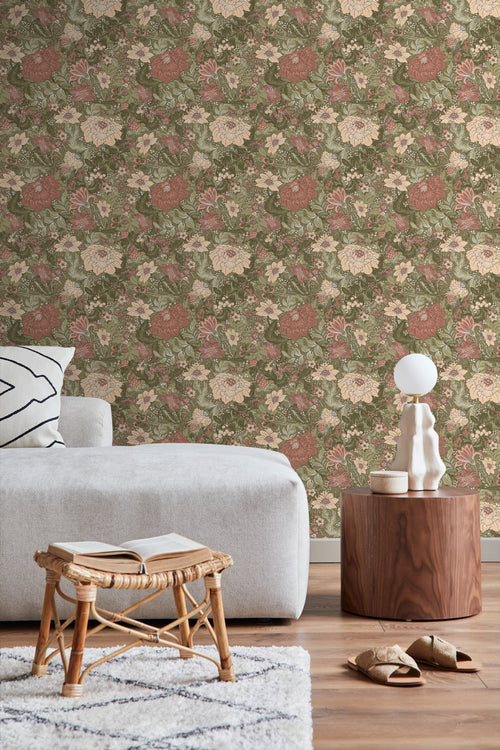 ESTAhome behang vintage bloemen groen en oudroze - 50 x 900 cm - 131196