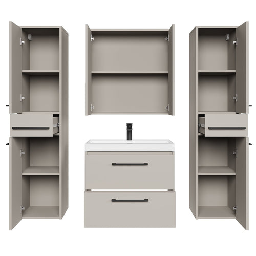 Badplaats Badkamermeubel Set Florence 60 cm XL – Beige – Hangend Badmeubel met Wastafel, Spiegelkast en Zijkasten