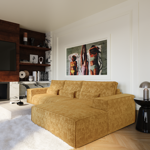 Premium Interiors - Rechthoekige hoekbank met snelle slaapfunctie JUNE - gewaafd fluweel mosterd 320cm