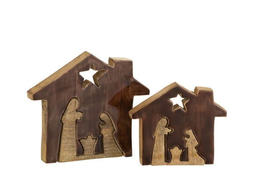 J-Line decoratie Kribbe in huisvorm - hout - bruin/naturel - large - kerstversiering - vtwonen shop