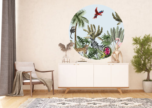 Sanders & Sanders zelfklevende behangcirkel jungle dieren groen, blauw en roze - Ø 140 cm - 601159