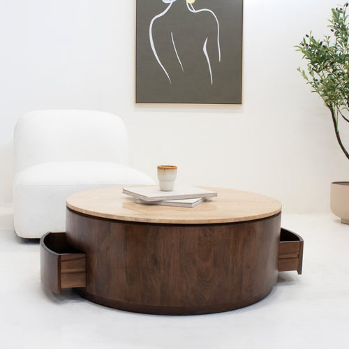 Giga Meubel Salontafel Elan Rond - Travertin - Walnoot - 90x90x35cm - Incl. Lades - vtwonen shop