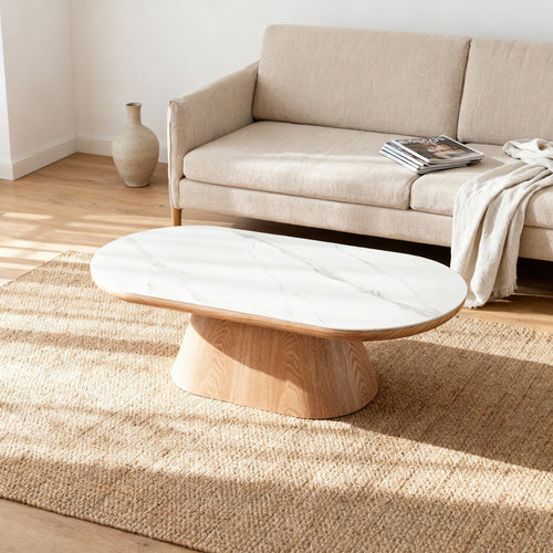 Giga Meubel Salontafel Alba - Ovaal Naturel Hout/Keramisch - 120x60x38cm