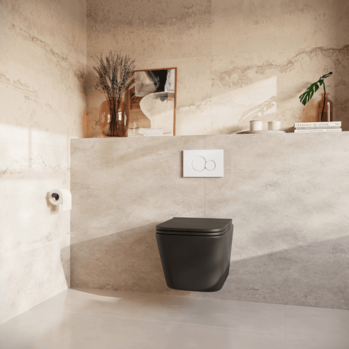 LOMAZOO hangtoiletset Linea - met inbouwreservoir & ronde drukplaat - vierkant - wit / zwart