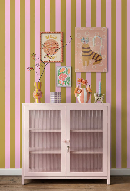 ESTAhome behang strepen lila roze en mosterdgeel - 50 x 900 cm - 131975