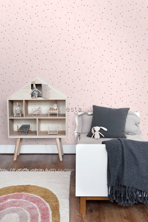 ESTAhome behang stippen roze en warm grijs - 53 cm x 10.05 m - 139051