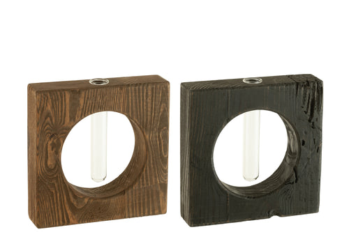 J-Line vaas 1 bloem - hout/glas - bruin/zwart - 2 stuks - 20 x 20.5 cm
