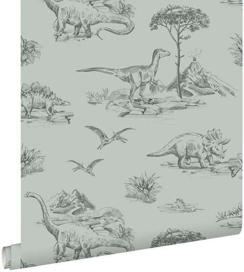 ESTAhome behang dinosaurussen vergrijsd zeegroen - 53 cm x 10.05 m - 139556