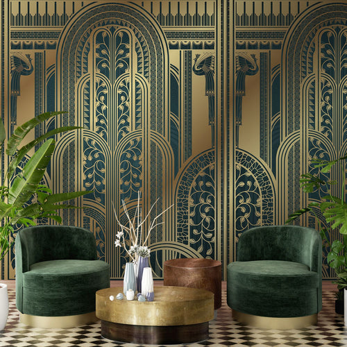 Sanders & Sanders fotobehang art deco bogen goud en groen - 424 x 280 cm - 640974