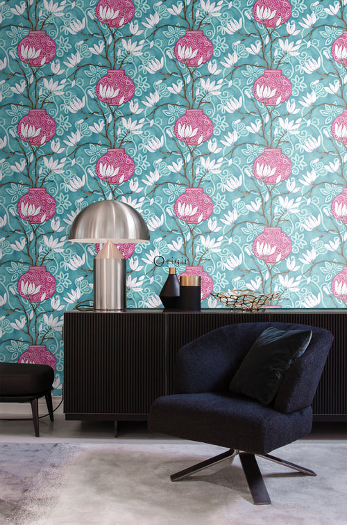 Origin Wallcoverings behang magnolia turquoise en roze - 53 cm x 10,05 m - 346925 - vtwonen shop