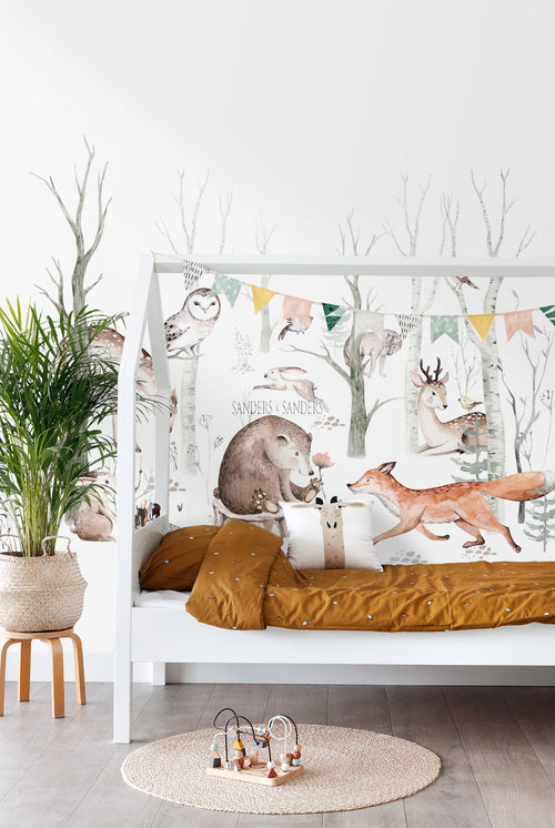 Sanders & Sanders fotobehang vintage bosdieren wit, oranje en bruin - 250 x 279 cm - 950003