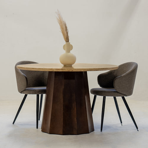 Giga Meubel Eettafel Lucio - Rond Bruin Hout/Travertin - 150x150x76cm