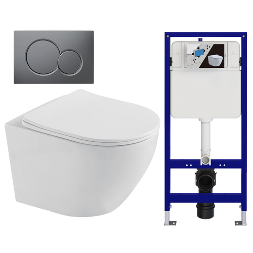 LOMAZOO hangtoiletset Linea - met inbouwreservoir & ronde drukplaat - rond - gun metal / wit