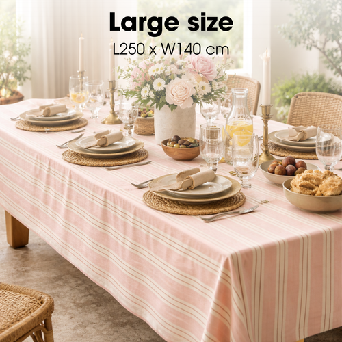 Mica Decorations Evie Gestreept Tafelkleed voor Eettafel - Tafellaken voor Binnen en Buiten 250 x 140 cm - Tafelzeil 100% Organisch Katoen - Roze