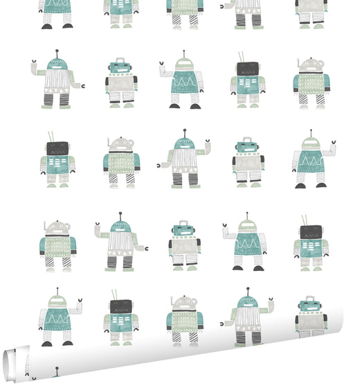 ESTAhome behang getekende vintage speelgoed robots mintgroen en blauw - 53 cm x 10.05 m - 138938