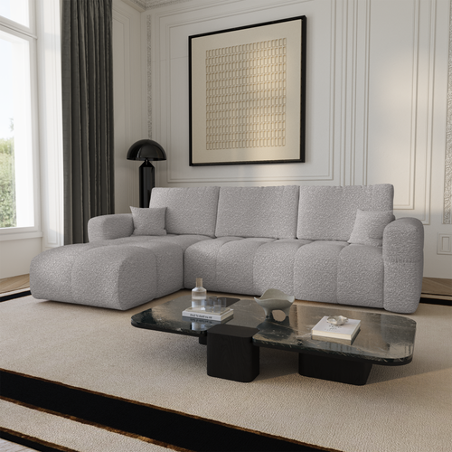 Premium Interiors - Linkshoekbank met slaapfunctie en opbergruimte VIBE - bouclé-stof lichtgrijs 286cm