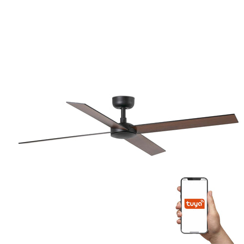 Faro Rudder Grote plafondventilator met 4 bladen, matzwart, walnoot, Tuya Smart System