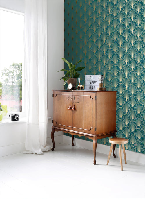ESTAhome behang art deco motief petrolblauw en goud - 53 cm x 10.05 m - 139230