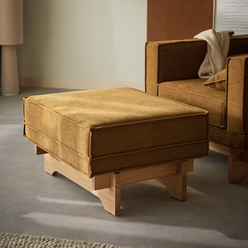 Tikamoon Houten voetenbank van eiken en okerkleurige stof - Mosterd