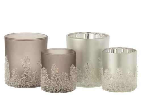J-Line windlicht Suiker Frosted - glas - grijs/zilver - large - 2 stuks