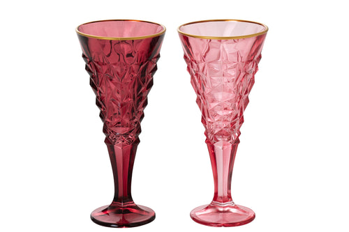 J-Line champagneglas gouden rand reliëf - glas - bordeauxrood/lichtroze - large - assortiment van 2