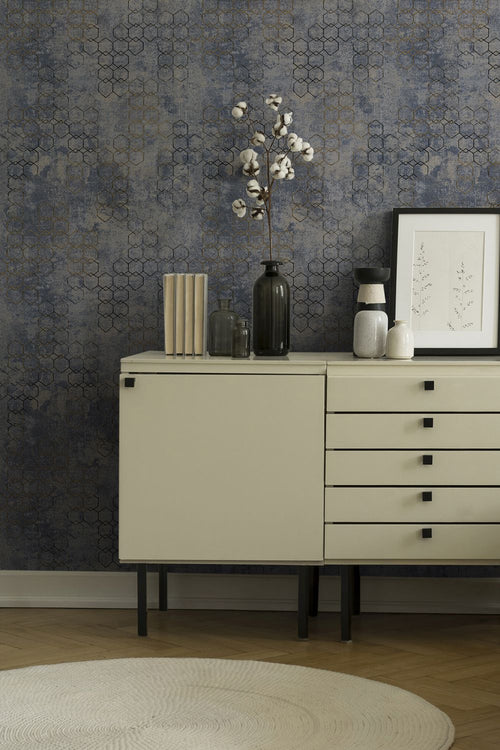 Livingwalls behang hexagon vergrijsd blauw, grijs en goud - 53 cm x 10.05 m - AS-374245