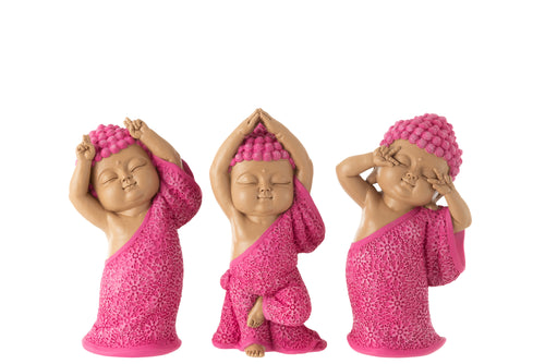 J-Line figuur Monnik Grappig - polyresin - roze - 3 stuks