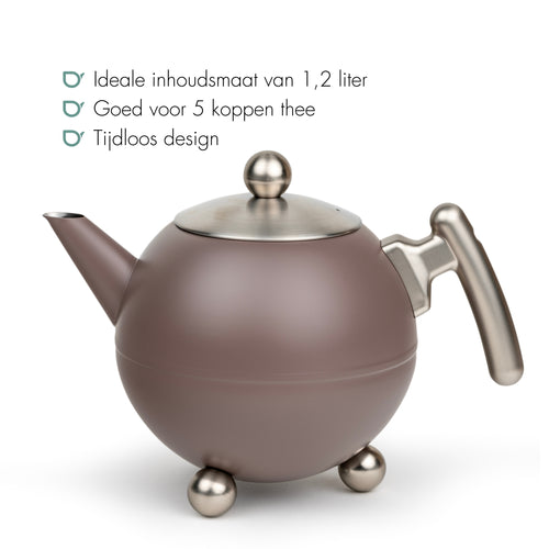 Bredemeijer - Duet® Bella Ronde – Dubbelwandige Theepot – 1,2 liter - RVS - Aubergine - vtwonen shop