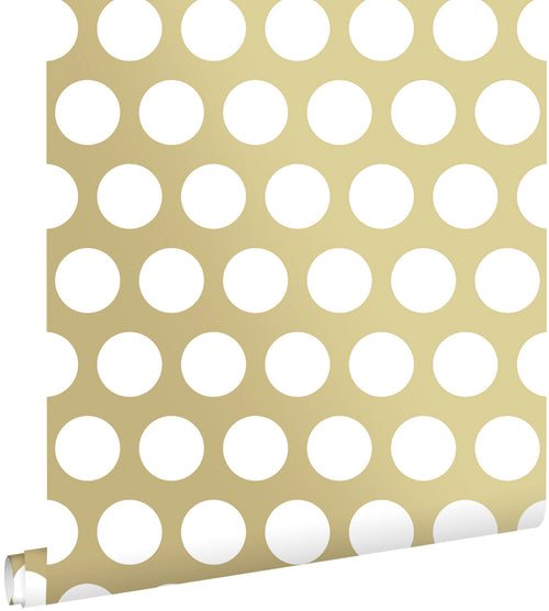 ESTAhome behang grote stippen glanzend goud en wit - 53 cm x 10.05 m - 139116