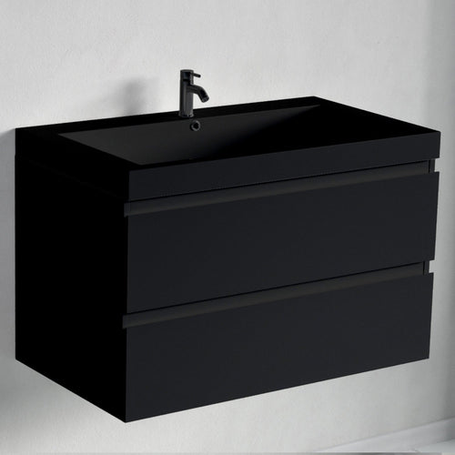 LOMAZOO badmeubelset Avalon - met hoge kast & zwarte wastafel - mat zwart - 80 cm