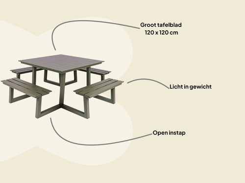 MaximaVida vierkante aluminium picknicktafel Dex 215 cm olijfgroen - open instap