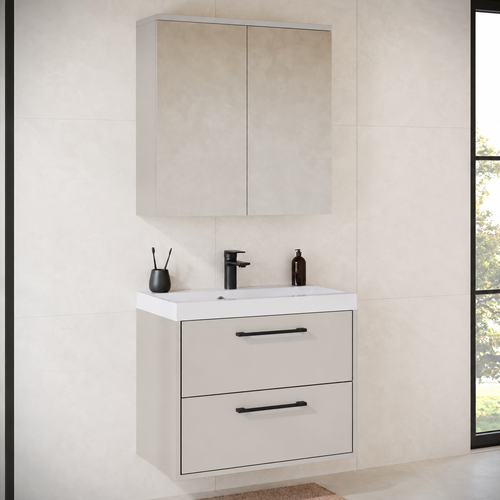 Badplaats Badkamermeubel Set Florence 01 60 cm – Beige – Hangend Wastafelmeubel met Spiegelkast
