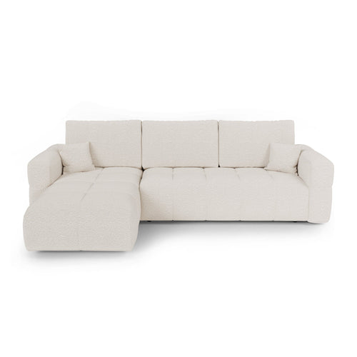 Premium Interiors - Linkshoekbank met slaapfunctie en opbergruimte VIBE - bouclé-stof crème 286cm