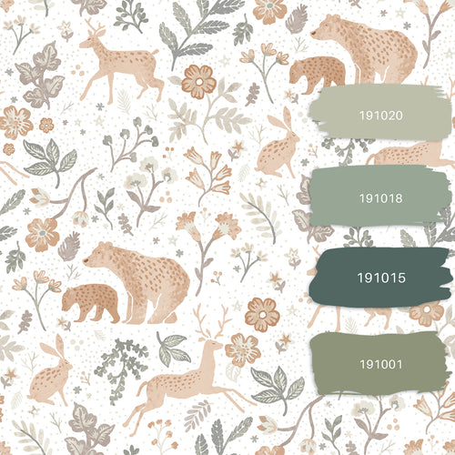 ESTAhome behang bos met bosdieren vergrijsd groen, beige en wit - 53 cm x 10.05 m - 139585