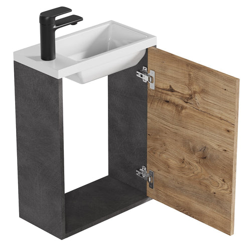 Badplaats Toiletmeubel Florence 40 x 22 cm – Donker Grijs met Kastanje Eiken – Fonteinmeubel met Witte Wastafel