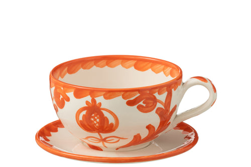 J-Line kopje + schoteltje Granada - keramiek - wit/oranje