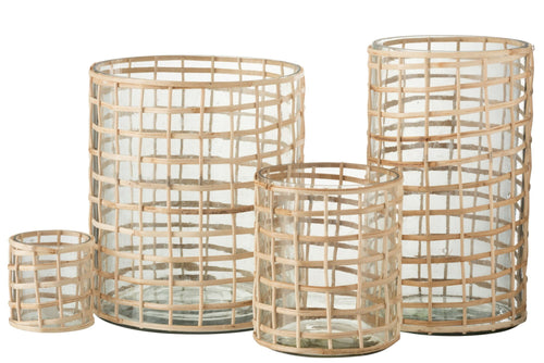 J-Line windlicht Violet Breed - glas/riet - naturel