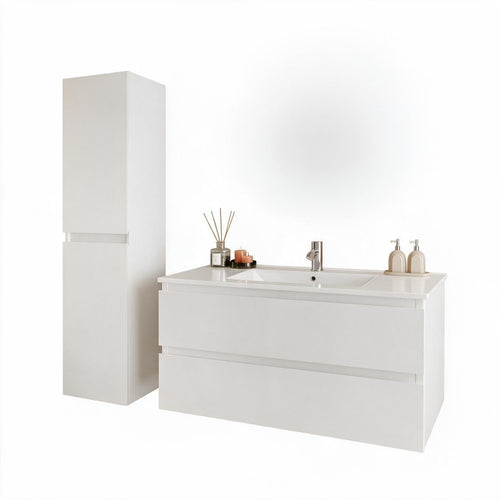 LOMAZOO badmeubelset Verona - met hoge kast & witte wastafel - glanzend wit - 100 cm
