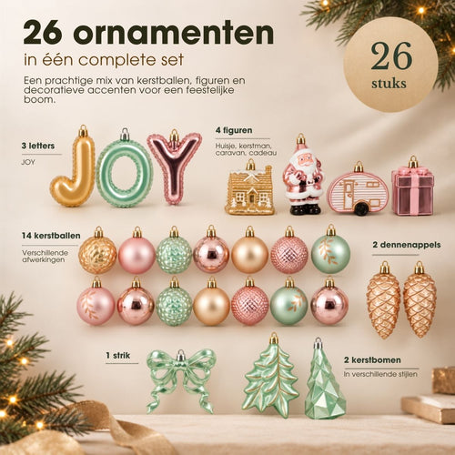 Mica Decorations Kerstboomornamenten JOY 26 stuks - Onbreekbare Kerstballen en Figuren - Set Kerstversiering in Roze, Champagne en Lichtgroen -