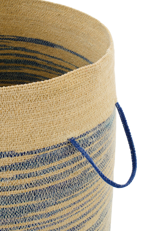J-Line mand Met Handvat + Deksel Gestreept - zeegras - naturel/blauw