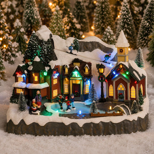 Luville Kerstdorp Miniatuur Dorpsplein - Kerstversiering met Schaatsende Bewoners - Kerst Decoratie met LED-verlichting en Draaiende Figuren - L34 x