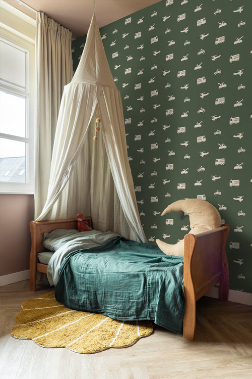 ESTAhome behang auto's, brandweerauto's, helikopters en kranen vergrijsd olijfgroen - 50 x 900 cm - 131455 - vtwonen shop