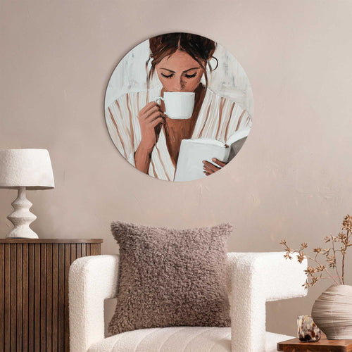 Reinders Ochtendkoffie met een Boek II glasschilderij -  beige - slaapkamer - Ø 50cm