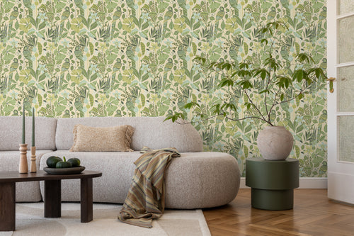 ESTAhome behang tropische bloemen en paradijsvogels vergrijsd groen - 50 x 900 cm - 131157 - vtwonen shop