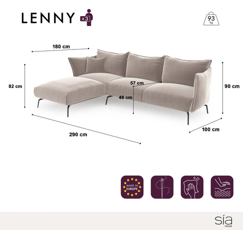 Sia Home - Hoekbanken links LENNY - Fluweel - Donker antraciet - 290cm
