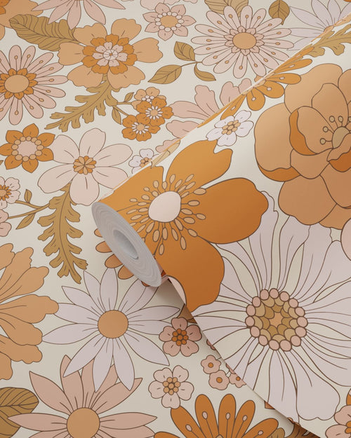 ESTAhome behang retro bloemen terracotta roze en oranje - 53 cm x 10.05 m - 130962
