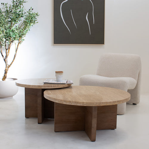 Giga Meubel Salontafel Leno Rond - Travertin/Hout - Naturel - Set van 2 - vtwonen shop